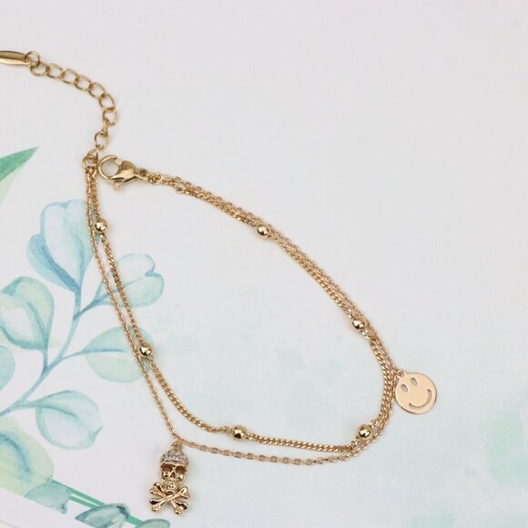 Rose Gold Double Layer Skull Bracelet with Crystal Accents, XPBL0674 - Picture 4 of 12